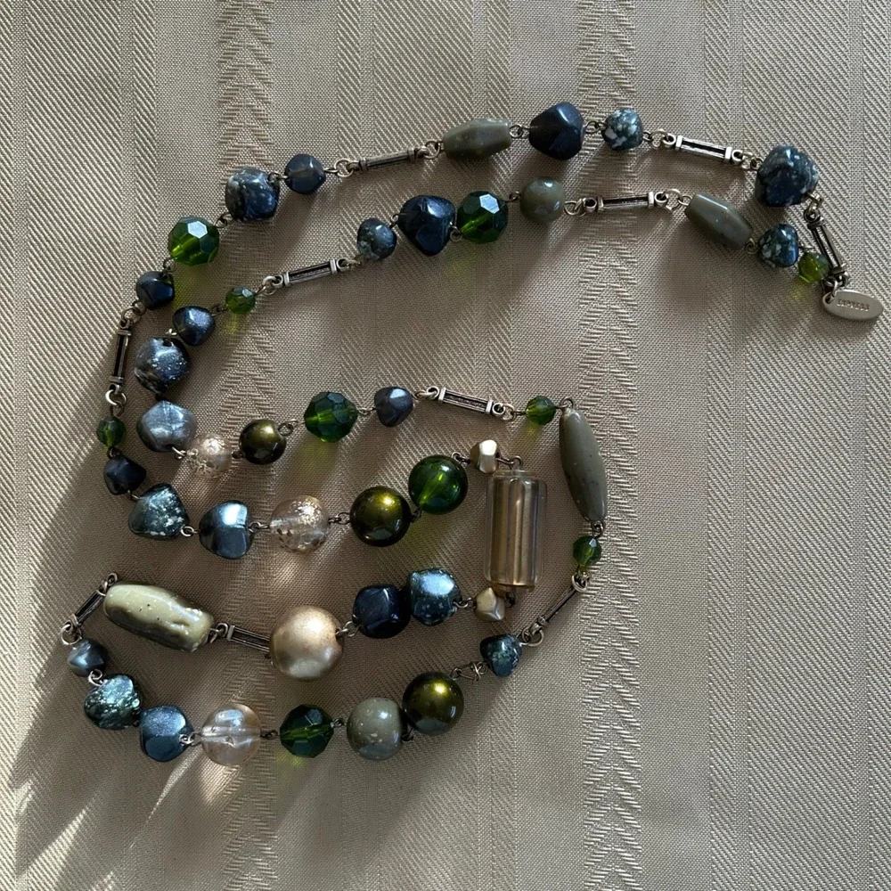 Express Vintage Italy Handmade Long Beaded‎ Necklace 90's Green Gold Earth Tones
